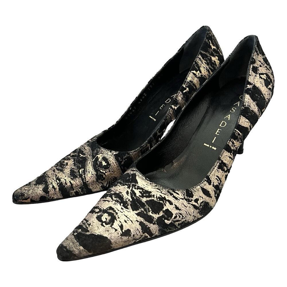 Casadei Leather High Heel Pumps Size 6.5 Gold‎ Black Evening Cocktail Italy - Picture 2 of 13